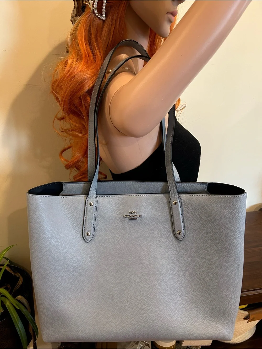 Coach Light Gray Leather Tote Bag with Dark Trim